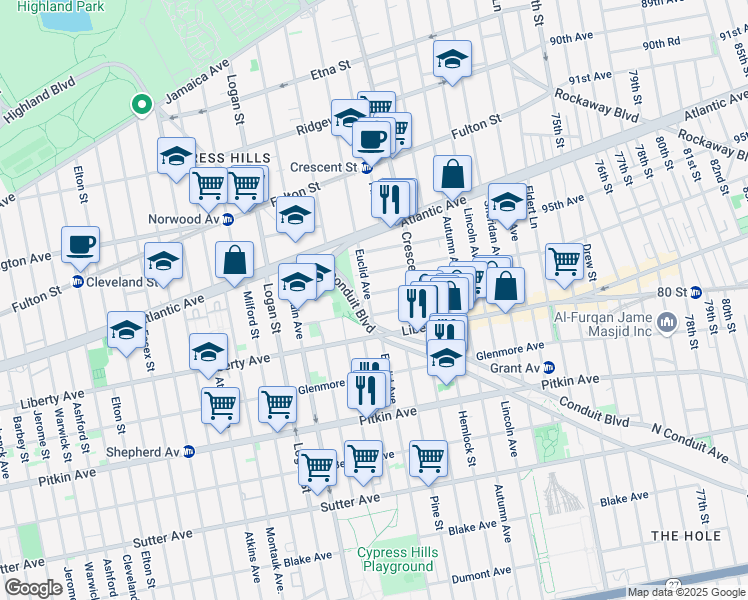 map of restaurants, bars, coffee shops, grocery stores, and more near 361 Euclid Avenue in Brooklyn