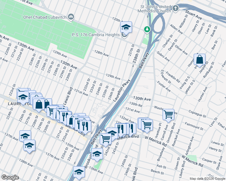 map of restaurants, bars, coffee shops, grocery stores, and more near 13032 Laurelton Parkway in Queens
