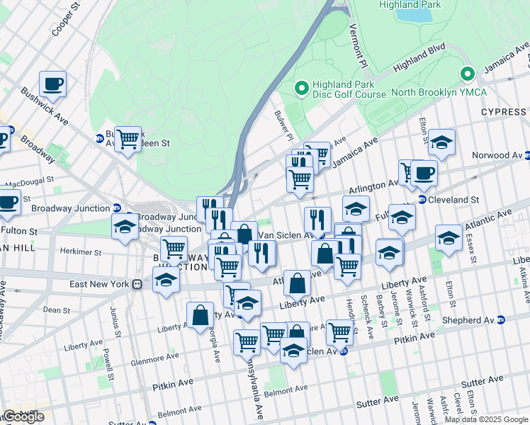 map of restaurants, bars, coffee shops, grocery stores, and more near 35 Wyona Street in Brooklyn