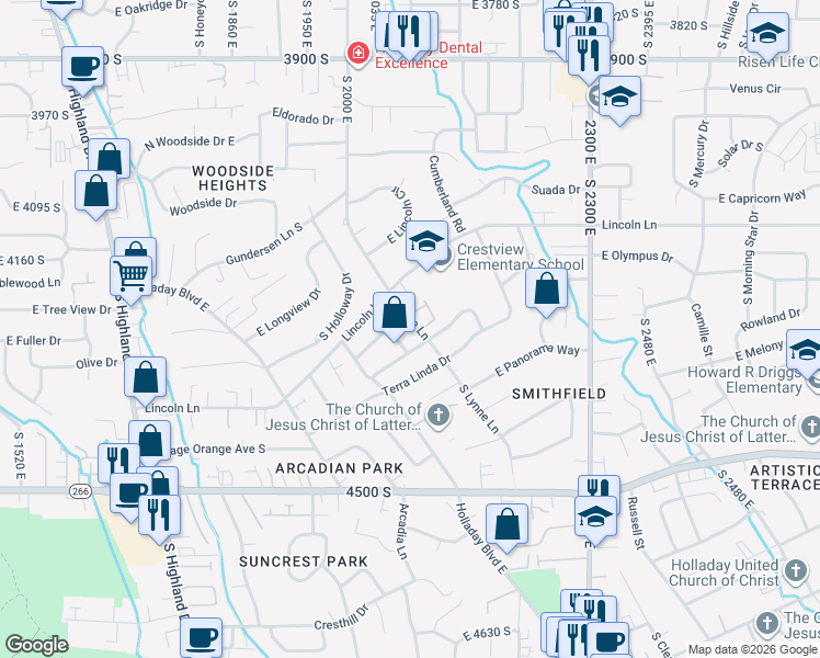 map of restaurants, bars, coffee shops, grocery stores, and more near 2104 East Sahara Drive in Holladay