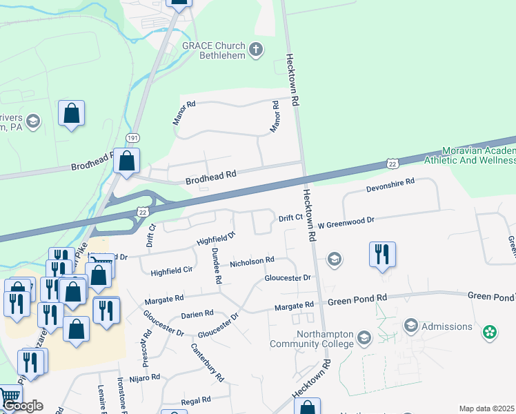 map of restaurants, bars, coffee shops, grocery stores, and more near 3967 Drift Court in Bethlehem