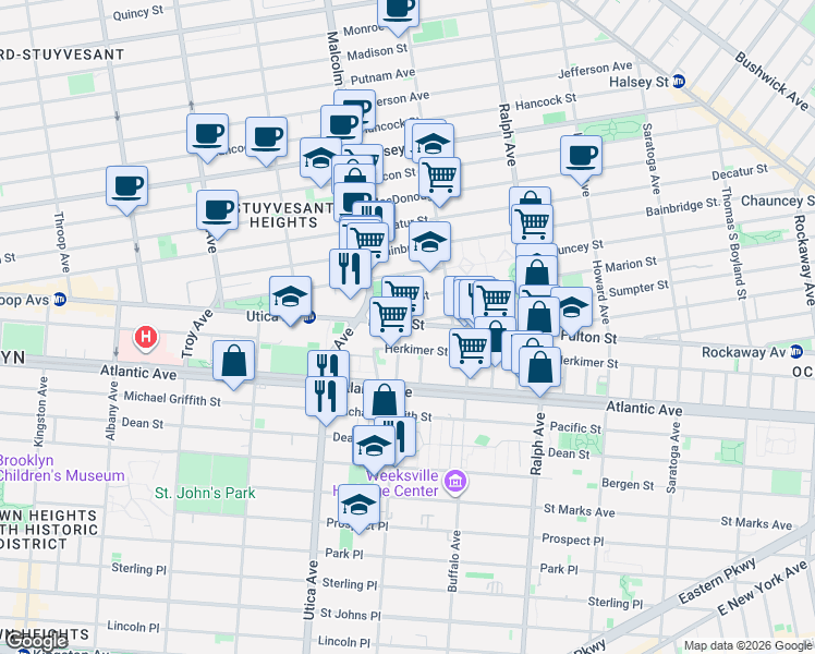 map of restaurants, bars, coffee shops, grocery stores, and more near 1822 Fulton Street in Brooklyn