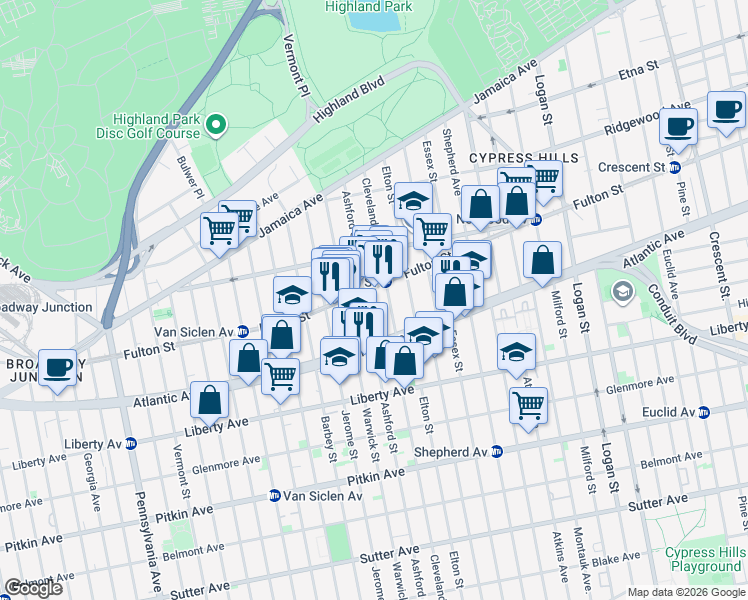 map of restaurants, bars, coffee shops, grocery stores, and more near 270 Cleveland Street in Brooklyn