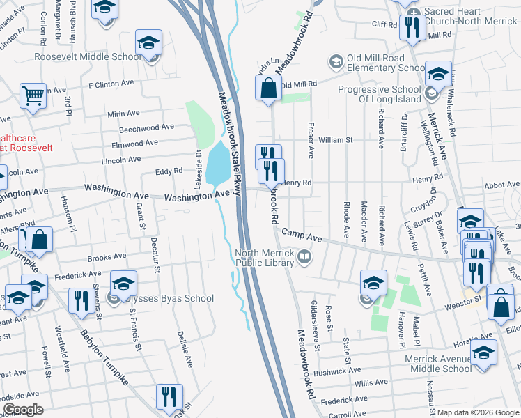 map of restaurants, bars, coffee shops, grocery stores, and more near 1608 Meadowbrook Road in Merrick