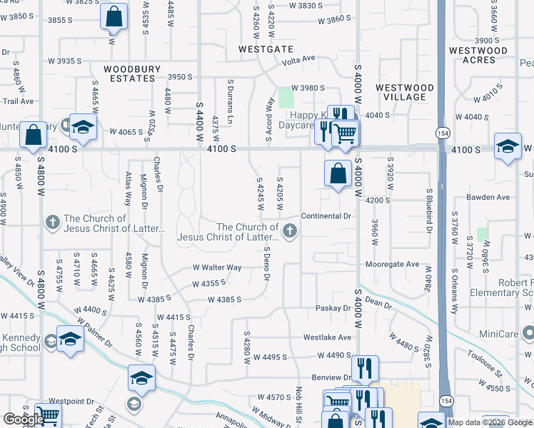 map of restaurants, bars, coffee shops, grocery stores, and more near 4211 Continental Drive in West Valley City