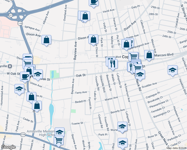 map of restaurants, bars, coffee shops, grocery stores, and more near 3 Benjamin Avenue in Amityville