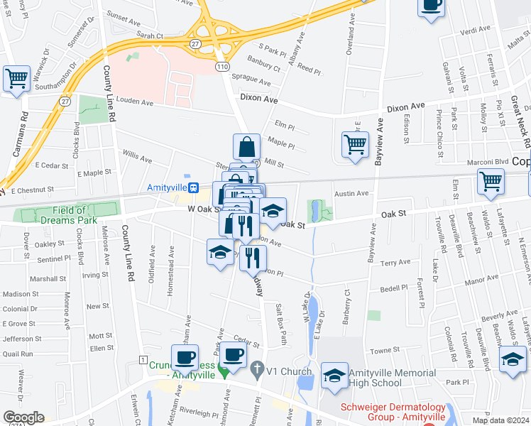 map of restaurants, bars, coffee shops, grocery stores, and more near 16-30 Union Avenue in Amityville