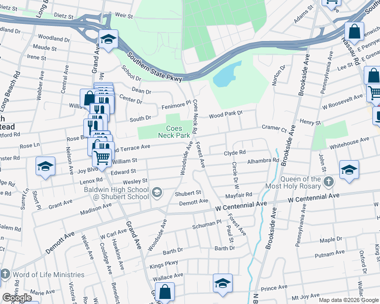 map of restaurants, bars, coffee shops, grocery stores, and more near 934 Scott Place in Baldwin