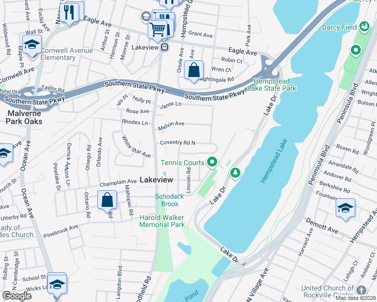 map of restaurants, bars, coffee shops, grocery stores, and more near 21 Carol Street in West Hempstead
