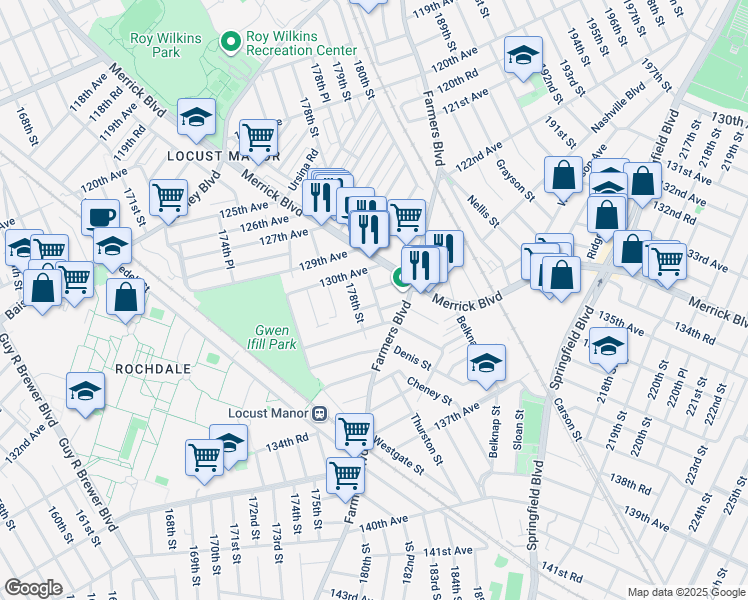 map of restaurants, bars, coffee shops, grocery stores, and more near 131-10 178th Street in Queens