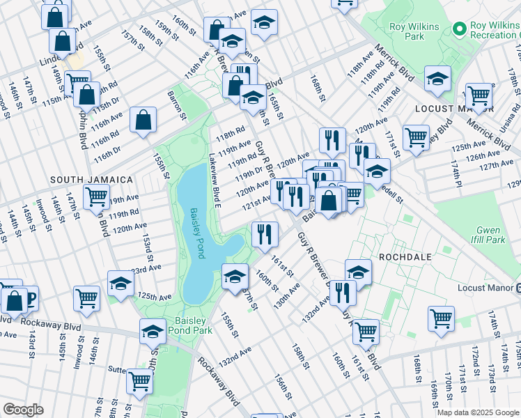 map of restaurants, bars, coffee shops, grocery stores, and more near 160-72 122nd Avenue in Queens