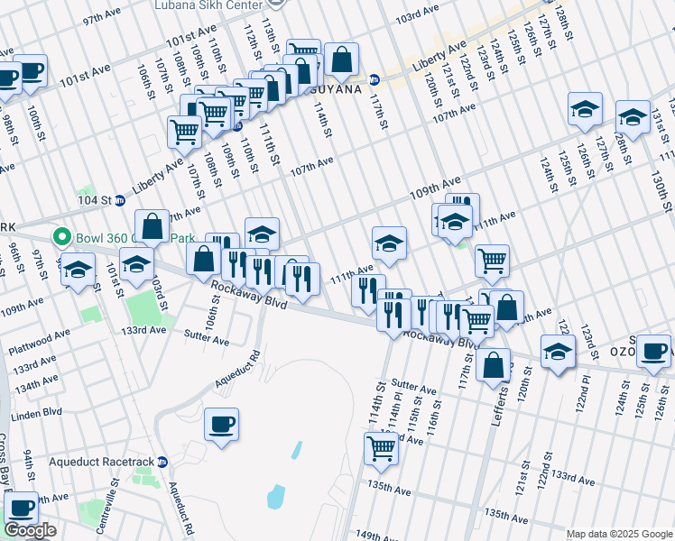 map of restaurants, bars, coffee shops, grocery stores, and more near 111-11 112th Street in Queens