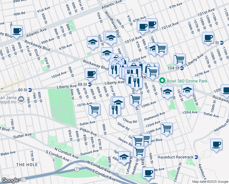 map of restaurants, bars, coffee shops, grocery stores, and more near 91-11 107th Avenue in Queens