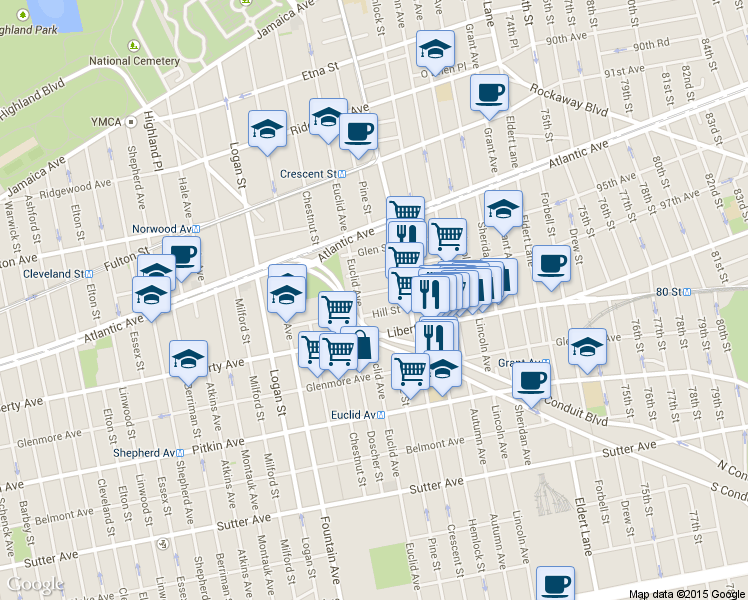 map of restaurants, bars, coffee shops, grocery stores, and more near 26 Hill Street in Brooklyn