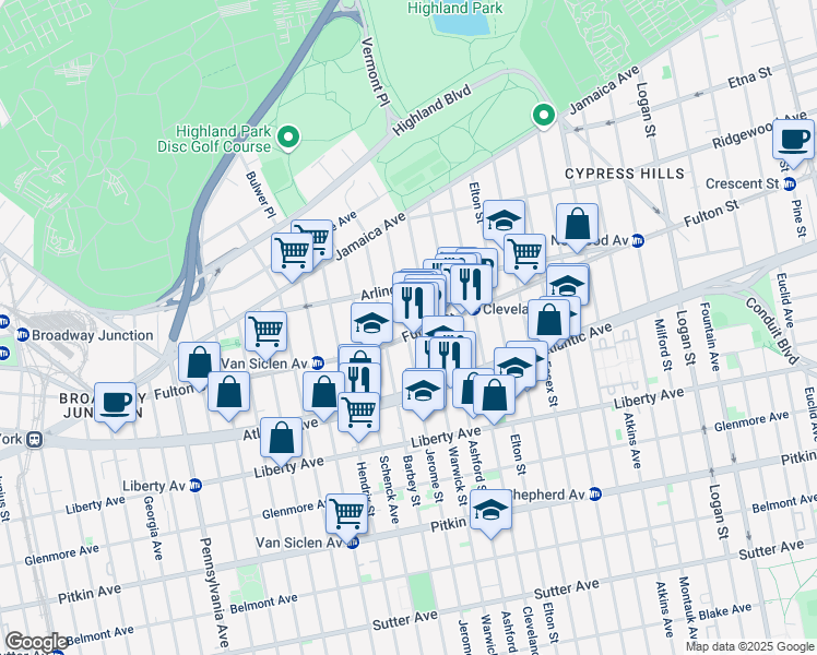 map of restaurants, bars, coffee shops, grocery stores, and more near 2876 Fulton Street in Brooklyn