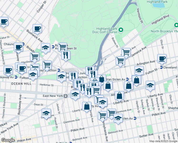 map of restaurants, bars, coffee shops, grocery stores, and more near 51 Fanchon Place in Brooklyn