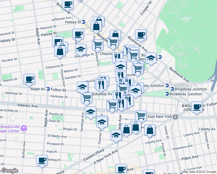 map of restaurants, bars, coffee shops, grocery stores, and more near 27 Somers Street in Brooklyn