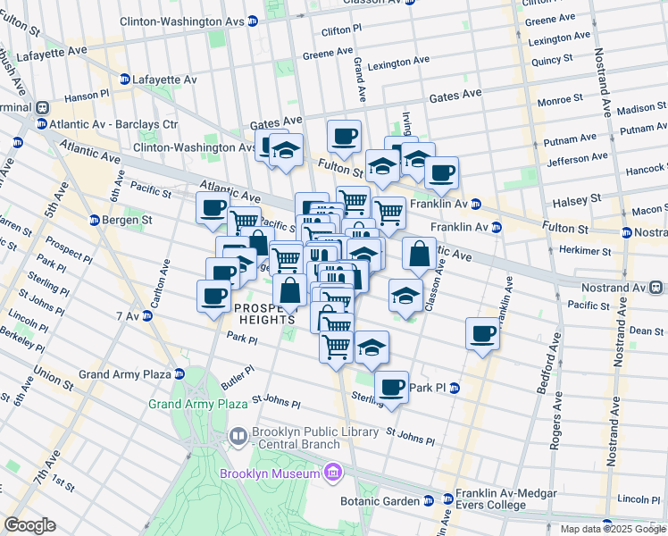 map of restaurants, bars, coffee shops, grocery stores, and more near 751 Bergen Street in Brooklyn