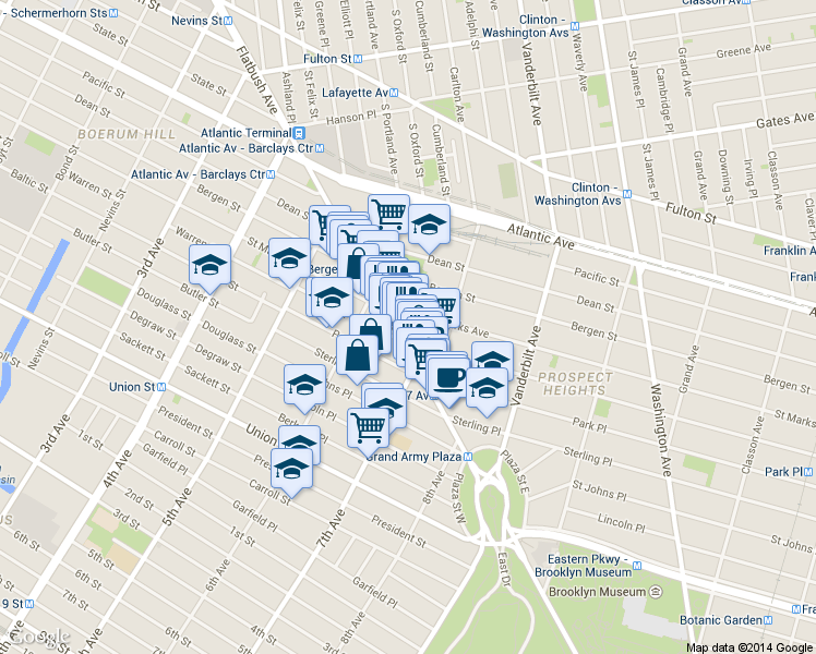 map of restaurants, bars, coffee shops, grocery stores, and more near 114 Prospect Place in Brooklyn