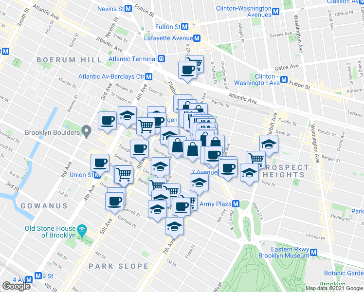 map of restaurants, bars, coffee shops, grocery stores, and more near 80 Park Place in Brooklyn