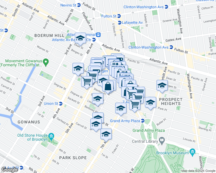 map of restaurants, bars, coffee shops, grocery stores, and more near 80 Park Place in Brooklyn