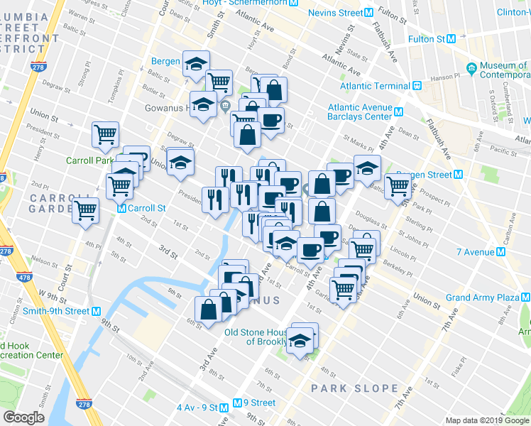 map of restaurants, bars, coffee shops, grocery stores, and more near 469 President Street in Brooklyn