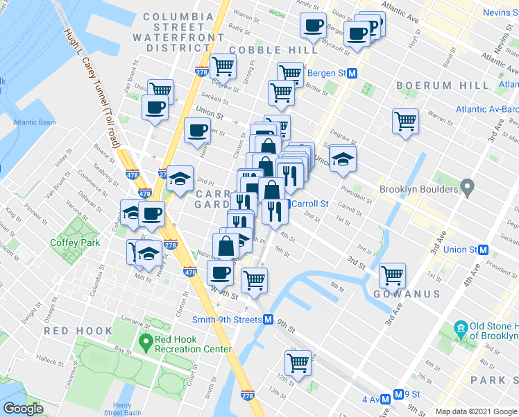 map of restaurants, bars, coffee shops, grocery stores, and more near 123 3rd Place in Brooklyn