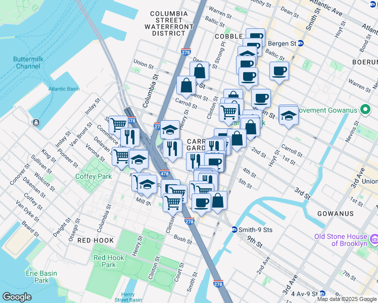 map of restaurants, bars, coffee shops, grocery stores, and more near 28 4th Place in Brooklyn