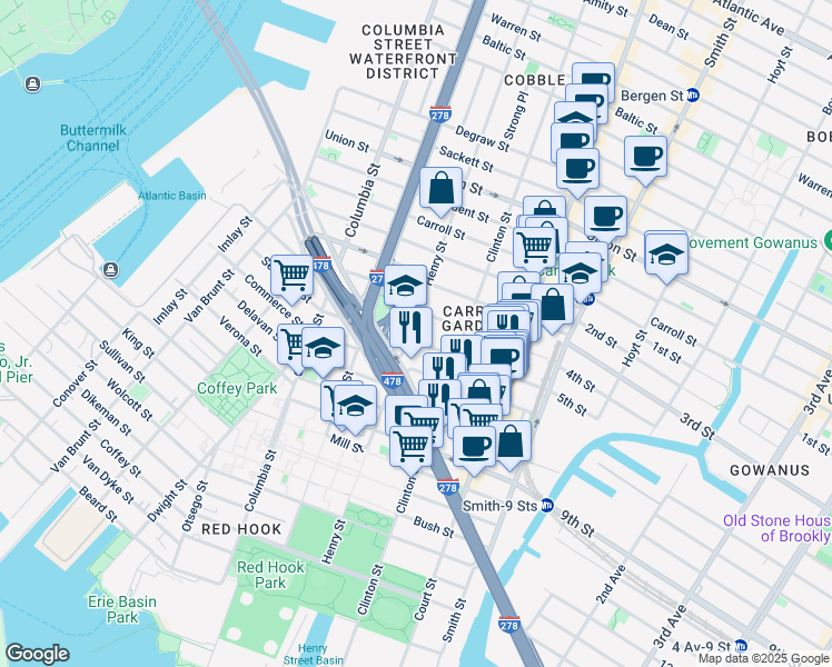 map of restaurants, bars, coffee shops, grocery stores, and more near 28 4th Place in Brooklyn
