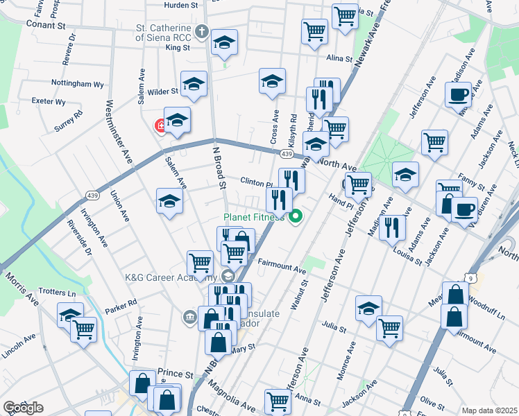 map of restaurants, bars, coffee shops, grocery stores, and more near 664 Newark Avenue in Elizabeth