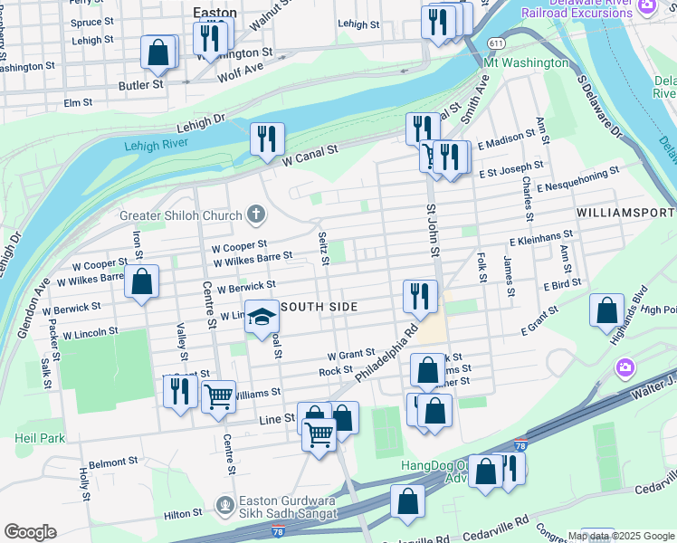 map of restaurants, bars, coffee shops, grocery stores, and more near 379 West Berwick Street in Easton