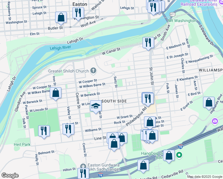 map of restaurants, bars, coffee shops, grocery stores, and more near in Easton