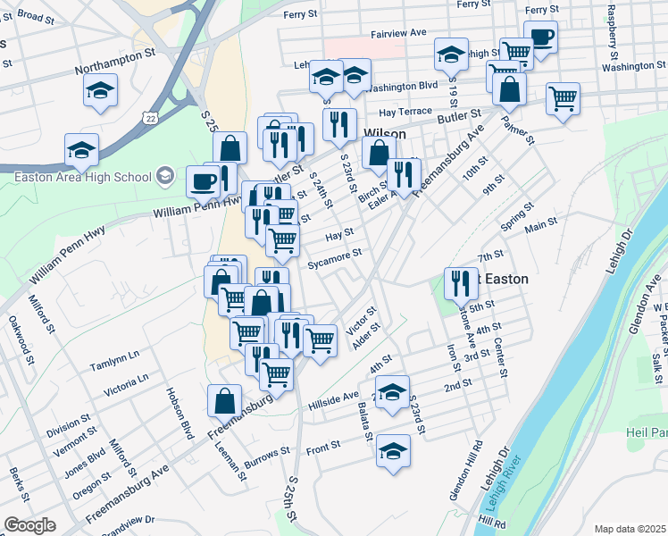 map of restaurants, bars, coffee shops, grocery stores, and more near 814 Balata Street in Easton