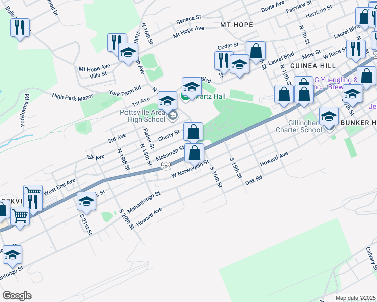 map of restaurants, bars, coffee shops, grocery stores, and more near 1701 West Market Street in Pottsville