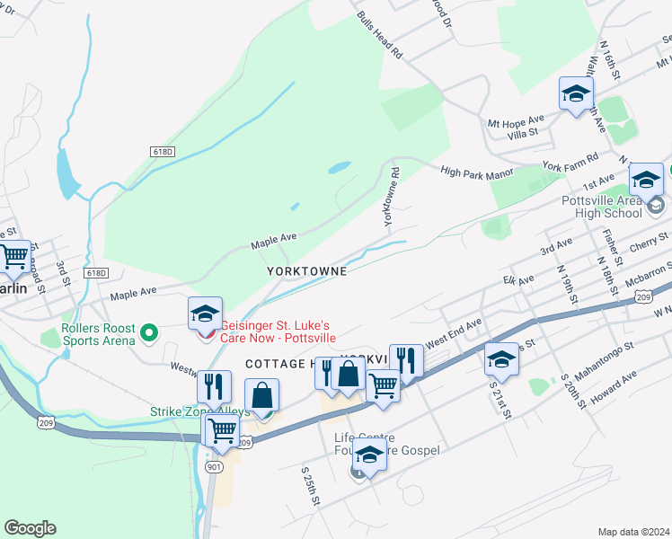 map of restaurants, bars, coffee shops, grocery stores, and more near 2141 Woodglen Road in Pottsville