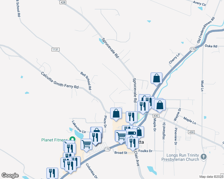 map of restaurants, bars, coffee shops, grocery stores, and more near 15381 Pugh Road in East Liverpool