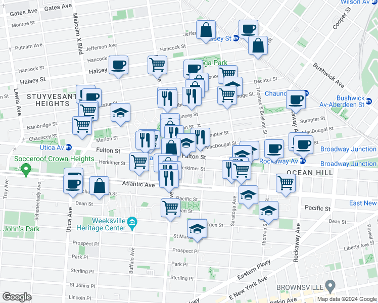 map of restaurants, bars, coffee shops, grocery stores, and more near 28 Macdougal Street in Brooklyn