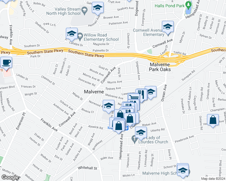 map of restaurants, bars, coffee shops, grocery stores, and more near 99 Sydney Avenue in Malverne