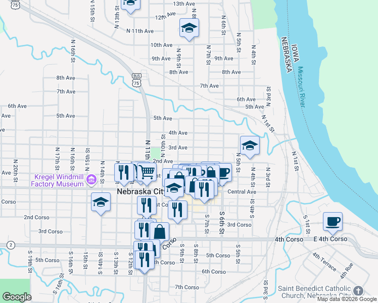 map of restaurants, bars, coffee shops, grocery stores, and more near 304 North 9th Street in Nebraska City
