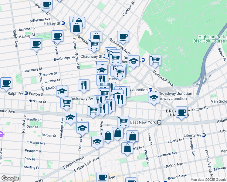 map of restaurants, bars, coffee shops, grocery stores, and more near 2083 Fulton Street in Brooklyn