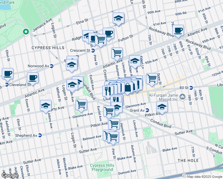 map of restaurants, bars, coffee shops, grocery stores, and more near 1047 Liberty Avenue in Brooklyn