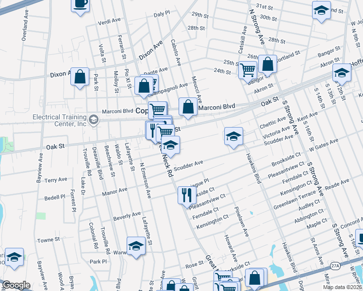 map of restaurants, bars, coffee shops, grocery stores, and more near 75 Scudder Avenue in Copiague
