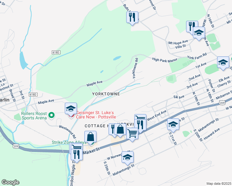 map of restaurants, bars, coffee shops, grocery stores, and more near 2141 Woodglen Road in Pottsville