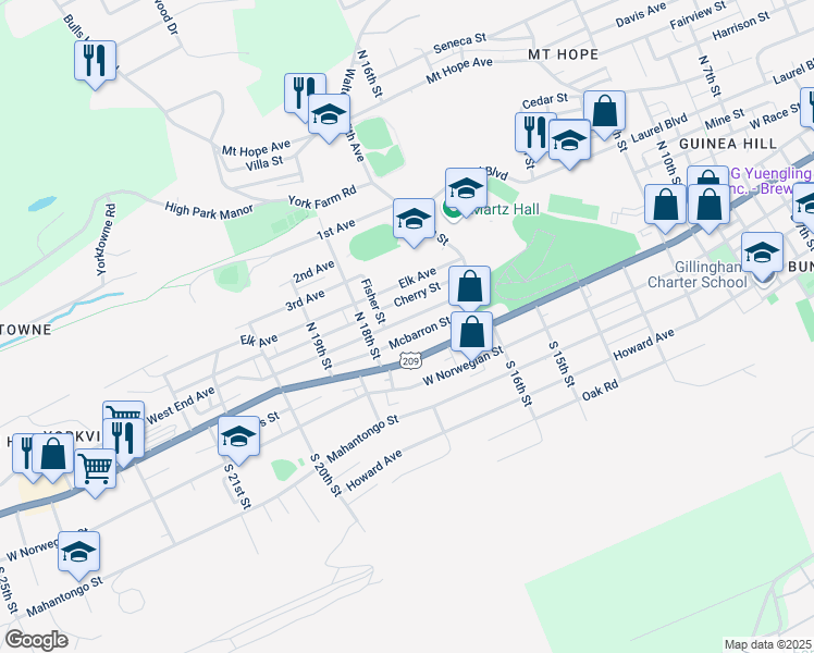 map of restaurants, bars, coffee shops, grocery stores, and more near 1733 West End Avenue in Pottsville