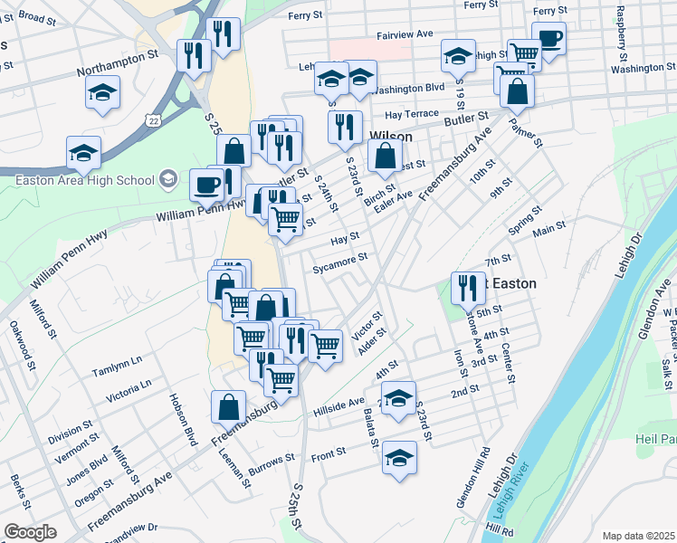 map of restaurants, bars, coffee shops, grocery stores, and more near 814 Balata Street in Easton