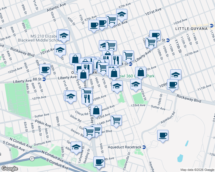 map of restaurants, bars, coffee shops, grocery stores, and more near 106-49 97th Street in Queens