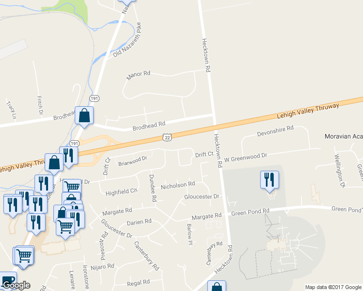 map of restaurants, bars, coffee shops, grocery stores, and more near 3967 Drift Court in Bethlehem