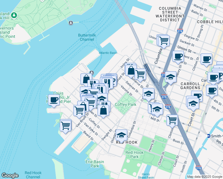 map of restaurants, bars, coffee shops, grocery stores, and more near 102 Pioneer Street in Brooklyn