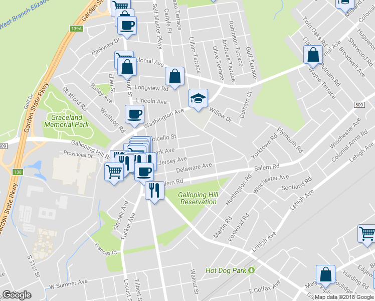map of restaurants, bars, coffee shops, grocery stores, and more near 301 Newark Avenue in Union