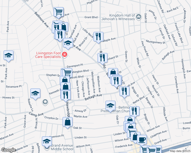 map of restaurants, bars, coffee shops, grocery stores, and more near 2564 Lincoln Boulevard in North Bellmore